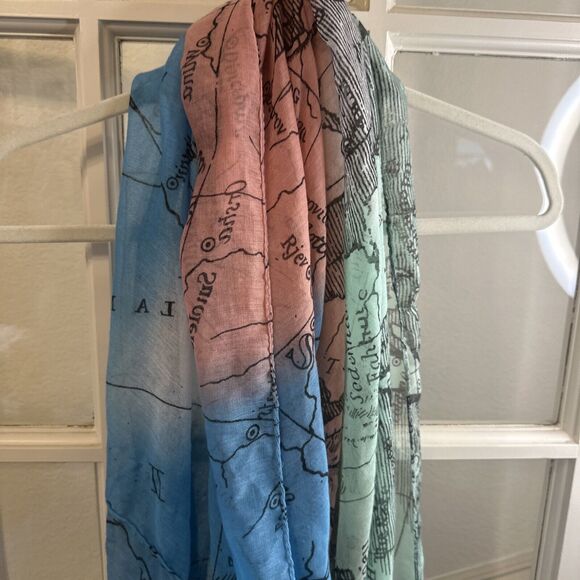 Map Print Infinity Scarf Aqua Green Pink Lightweight - Picture 3 of 10